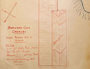 Croquis dessiné à la main à l'encre rouge du site de la conserverie Barnard Cove avec des notes liées à la conserverie : « Barnard Cove Cannery- Rough Sketch not to scale ».