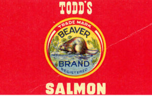 Red label features images of a chum salmon and a beaver.