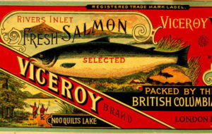 Étiquette de boîte de conserve : « Saumon frais provenant de l'anse Rivers, marque Viceroy emballé par la compagnie British Columbia Canning ltée, lac Nooquilts ».