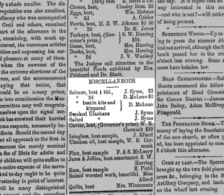 Black and white scan of newspaper page with three columns of text. Close up on 'Miscellaneous – Salmon, best 1/2 bbl., J. Syme $3'.