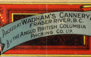 Étiquette de boîtes de conserve pour la conserverie Wadhams avec l'image d'un gros saumon. On peut y lire : « Choix supérieur d'escalopes de saumon. Emballé à la conserverie Wadhams du fleuve Fraser, C.-B. par la compagnie Anglo British Columbia ltée ».
