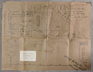 Plan du site dessiné à la main illustrant les bâtiments et le quai de la conserverie.
